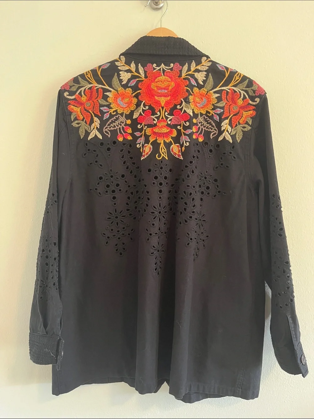 Johnny Was Black Utility Jacket with Orange & Pink Floral Embroidery